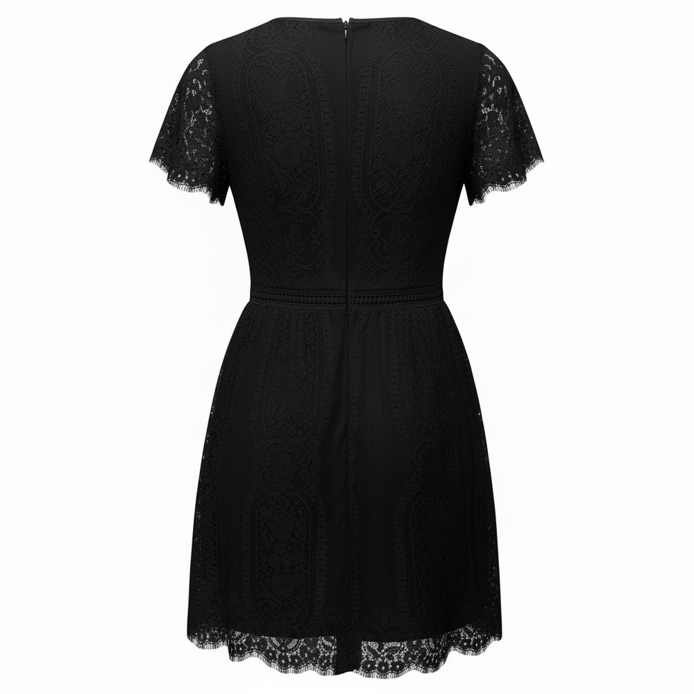 Merokeety Black Lace Fit & Flare Dress | Flutter Sleeve | Size M - Picture 3 of 10